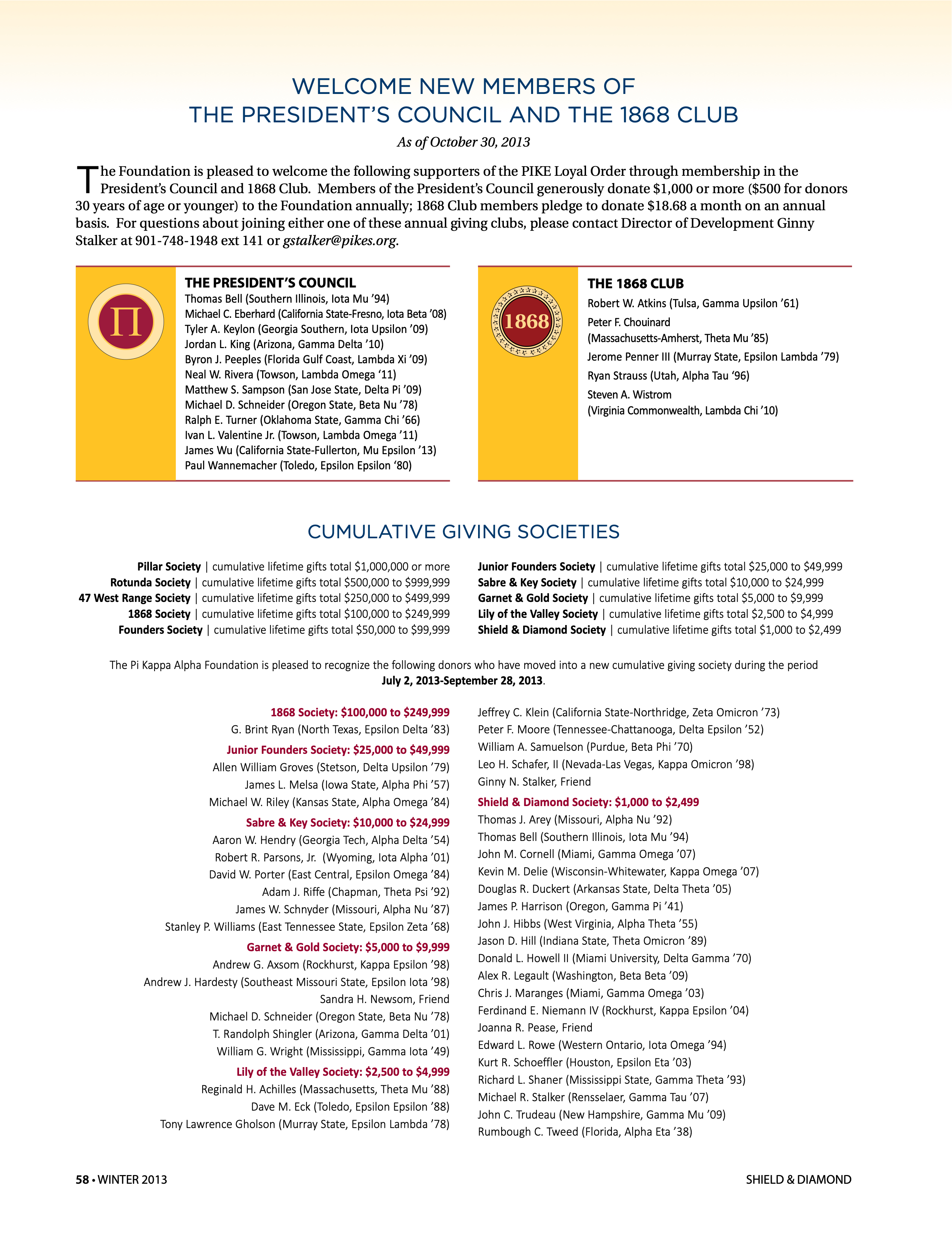 Welcome New Members of the President's Council and the 1868 Club